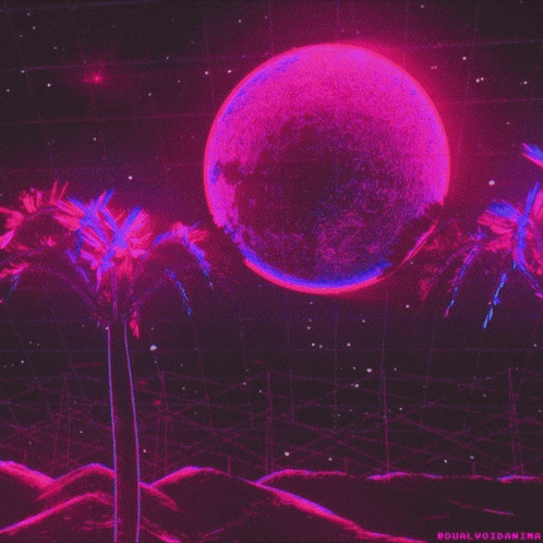 a pink planet is surrounded by palm trees and the words dualvoidanima are on the bottom