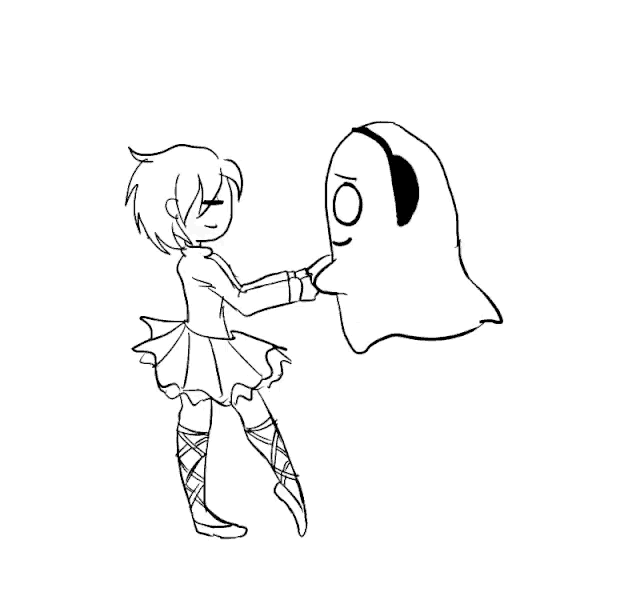 a black and white drawing of a girl holding a ghost .