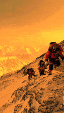 a group of climbers are going up a snowy mountain