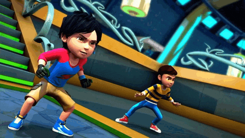 two cartoon characters standing next to each other with one wearing a blue shirt