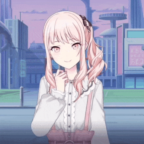 a girl with pink hair stands in front of a building that says kbe on it