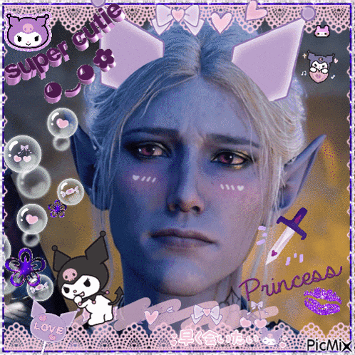a picture of a girl with purple ears and the words super cutie princess on the bottom