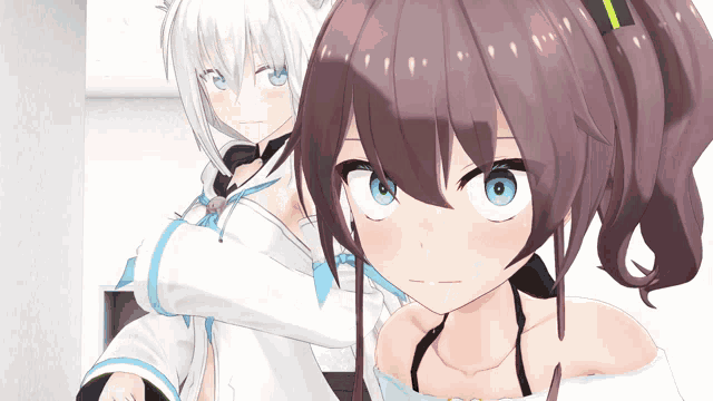 two anime girls are standing next to each other and one has brown hair