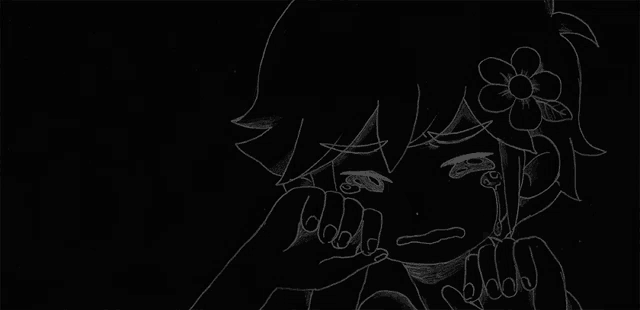 a black and white drawing of a girl with a flower in her hair crying .
