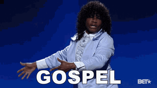 gospel is written on a blue background with a man