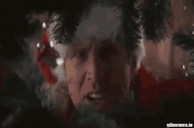 a man in a santa hat looks out from behind a christmas tree .