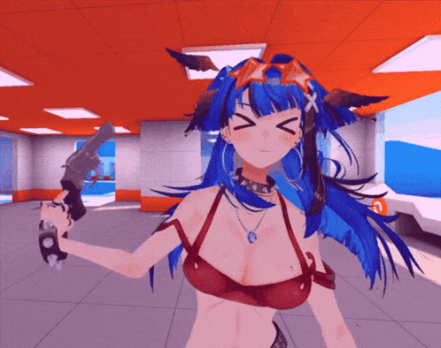 a girl with blue hair is holding a gun and making a funny face