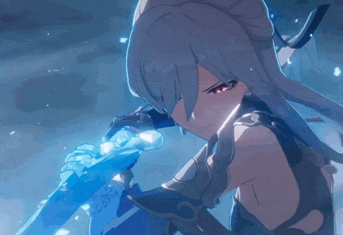 a girl with long hair is holding a sword