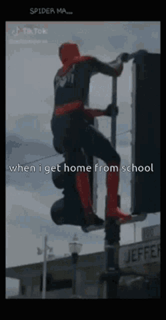 a man in a spiderman costume climbs a pole