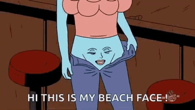 a cartoon of a woman with a face on her pants .