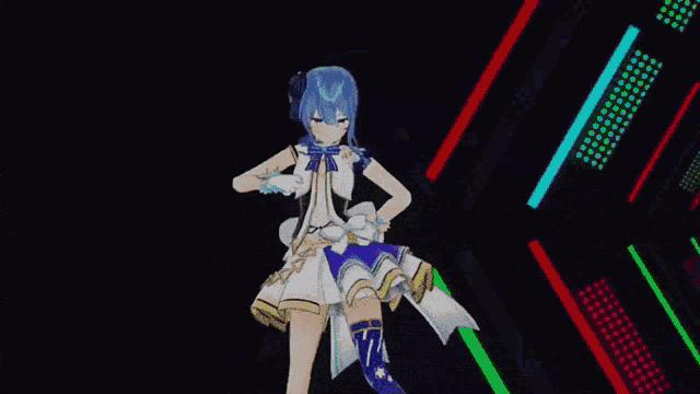 a girl with blue hair is dancing in a white dress