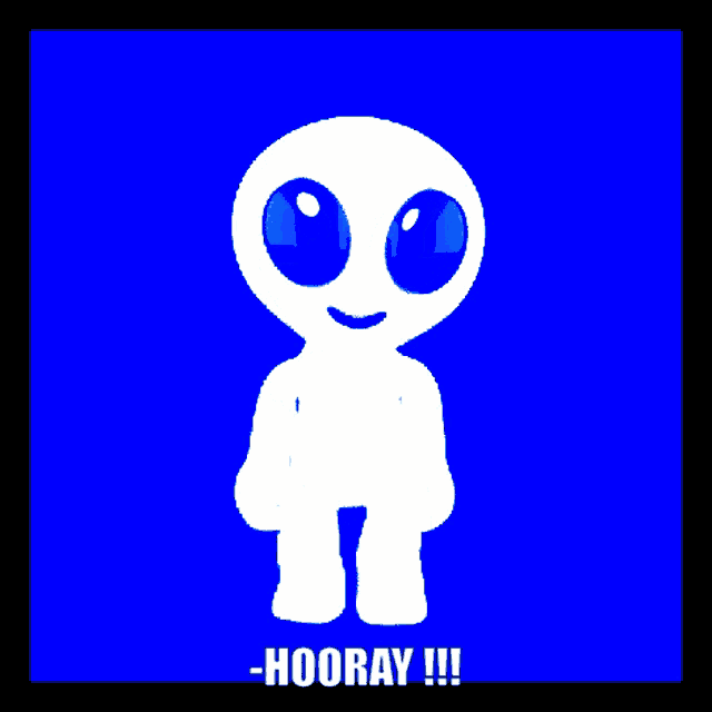 a blue background with a white cartoon character and the words hooray !!!