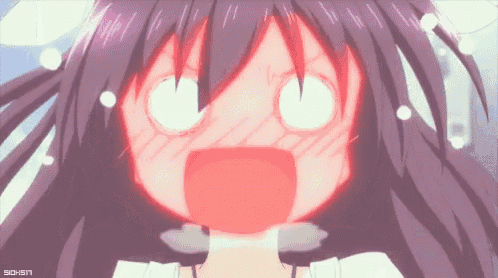 a girl with purple hair is making a funny face with her mouth open .