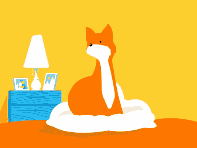 a fox is sitting on a bed in front of a nightstand and a lamp
