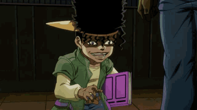 a cartoon character is holding a purple book and wearing a hat