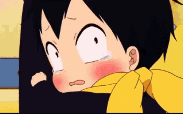 a close up of a cartoon character with a yellow scarf on his neck .