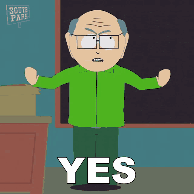 a south park character says yes in front of a chalkboard