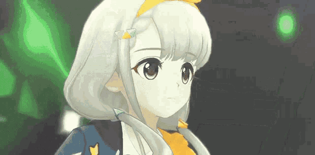 a close up of a cartoon girl with gray hair and a yellow bow .