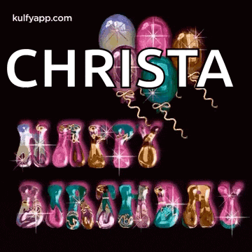 the name christa is on a black background with balloons in the shape of a heart .