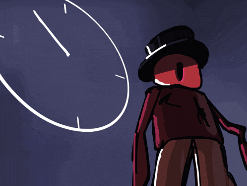 a drawing of a man in a top hat standing in front of a clock that says 11:55