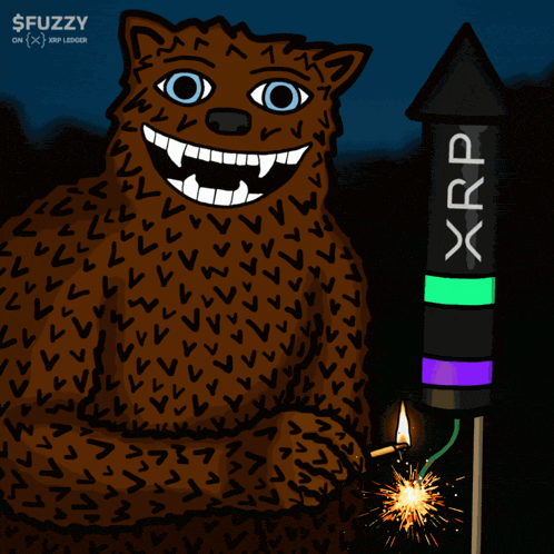 a cartoon drawing of a bear holding a firework with the word xrp on it