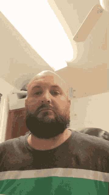 a bald man with a beard is wearing a green and white shirt