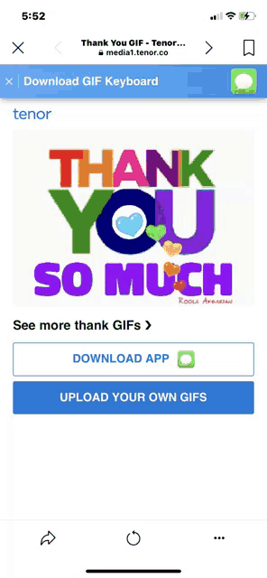 a phone screen displays a thank you gif keyboard