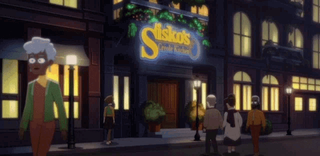 a group of people are walking down a street in front of a building that says ' friskos ' on it