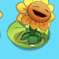 a cartoon sunflower with a big smile on its face is sitting on a green leaf .