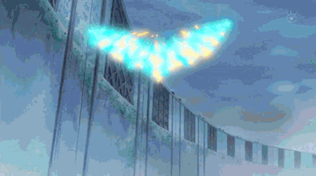 a person is flying through the air with blue flames