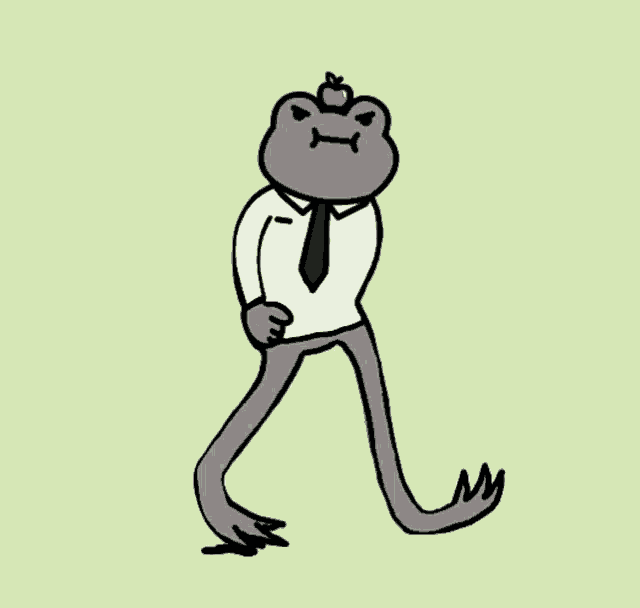 a frog wearing a white shirt and tie is walking and holding a gun