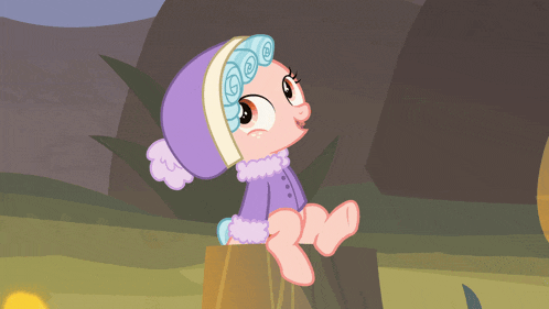 a cartoon pony wearing a purple hat and a purple jacket