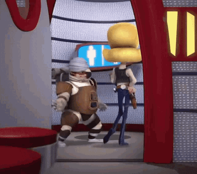 a cartoon character in a space suit is standing in front of a television