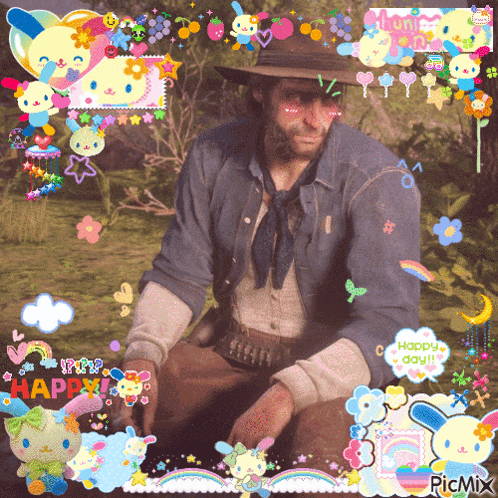 a picture of a man in a hat is surrounded by colorful stickers including one that says happy day