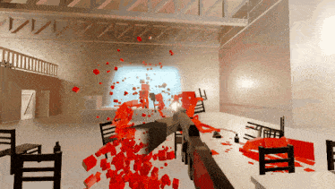 a computer generated image of a room with blood coming out of a gun