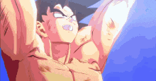 a close up of a cartoon character with his arms outstretched against a blue sky .