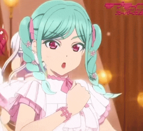 a girl with green hair is wearing a pink dress