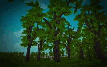 a computer generated image of a forest with a blue sky in the background