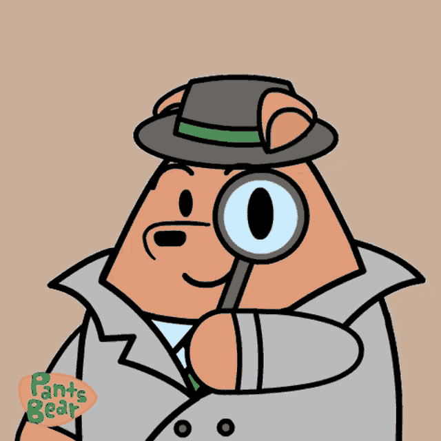 a cartoon of a bear looking through a magnifying glass from pants bear