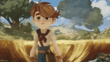 a cartoon of a boy with a scarf around his neck and a bag around his waist