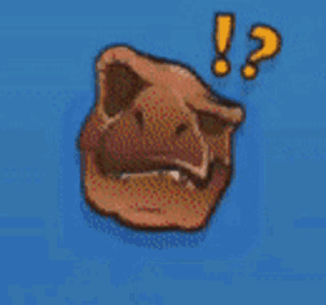 a cartoon drawing of a dinosaur head with a question mark above it