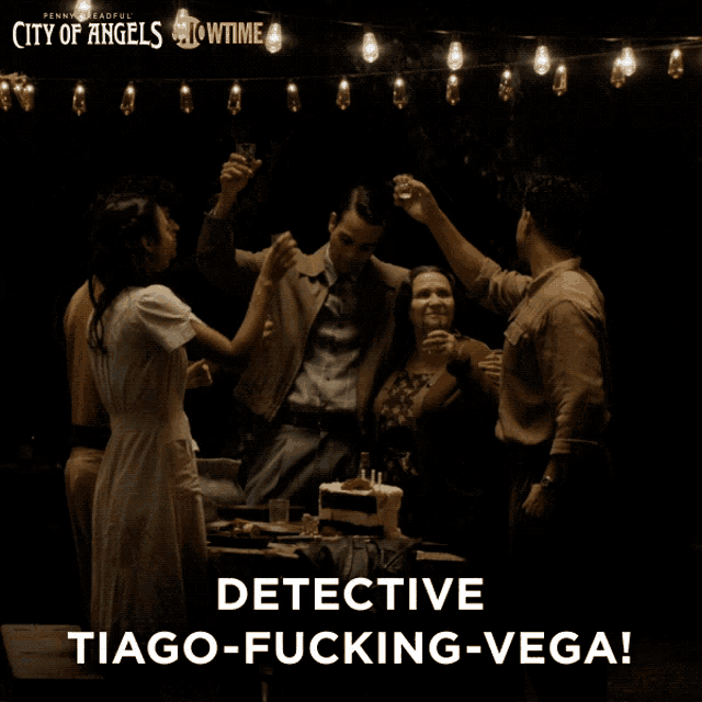 a poster for the show city of angels shows a group of people toasting
