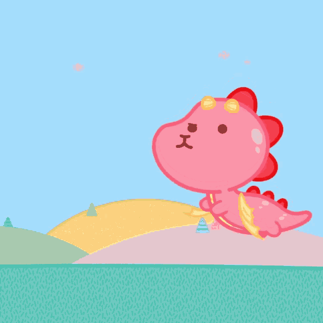a cartoon drawing of a pink dragon with wings and horns