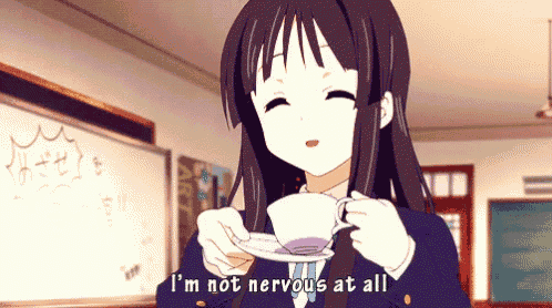 a girl in a school uniform is holding a cup and saucer and says i 'm not nervous at all