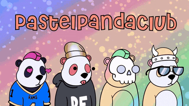 a cartoon of four panda bears standing next to each other with the words pastelpandaclub written above them
