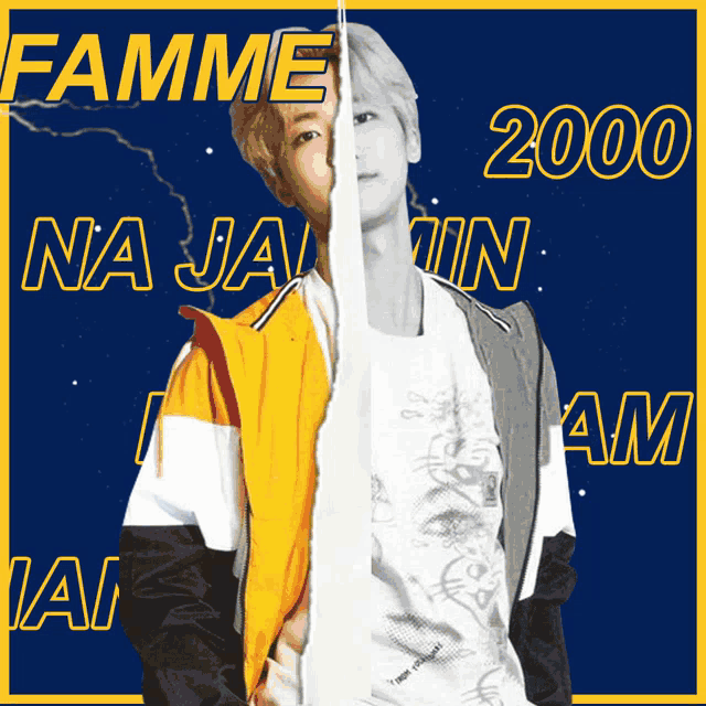 a poster of a young man with the words famme 2000 na jain am