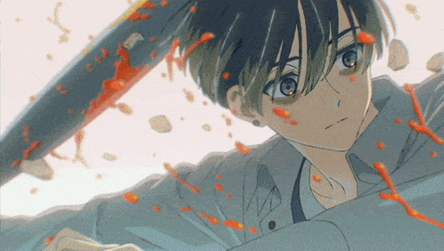 a drawing of a boy holding a sword with blood on it