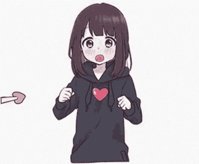 a girl in a black hoodie is yawning and holding a heart .