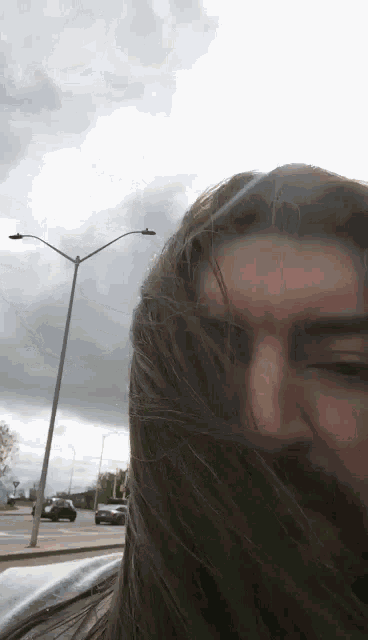 a woman 's hair is blowing in the wind while standing in front of a street light .