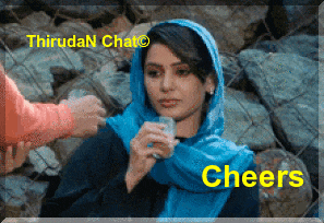 a woman in a blue scarf drinking from a glass with the words cheers in yellow